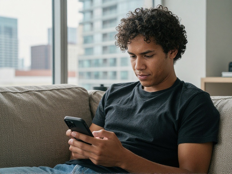 Canadian woman looking sceptically at a long, over-polished message on a dating app while sitting in a downtown coffee shop in winter