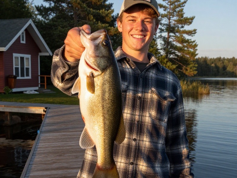 A young man in a flannel shirt laughs while looking at his phone on a wooden dock at an Ontario cottage, golden late-afternoon sunlight, calm lake and pine trees in the background
