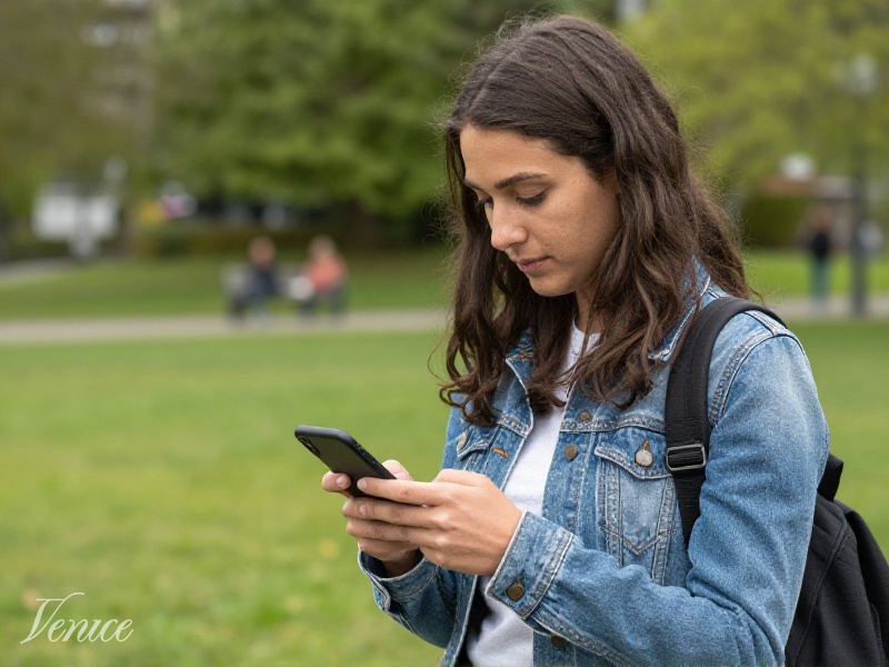 Canadian woman comparing dating apps on her phone in a Vancouver park