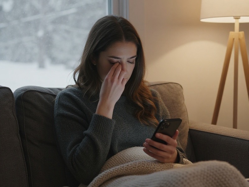 A Canadian woman bundled in a winter coat looks tired while scrolling through dating app matches on a snowy Toronto street.