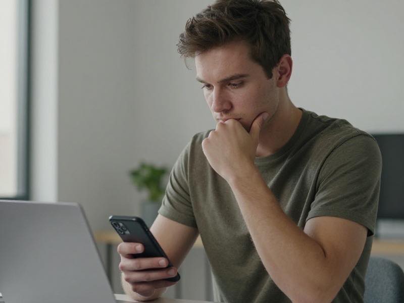 Young Canadian woman in a Toronto cafe comparing dating app subscription prices on her smartphone with a coffee beside her
