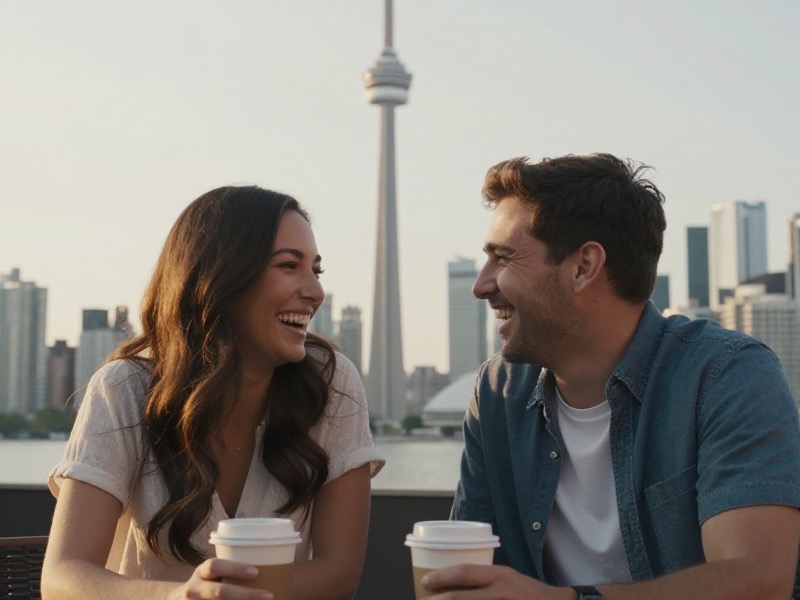 Young couple laughing over coffee on a patio with the Toronto skyline in the background, summer evening light