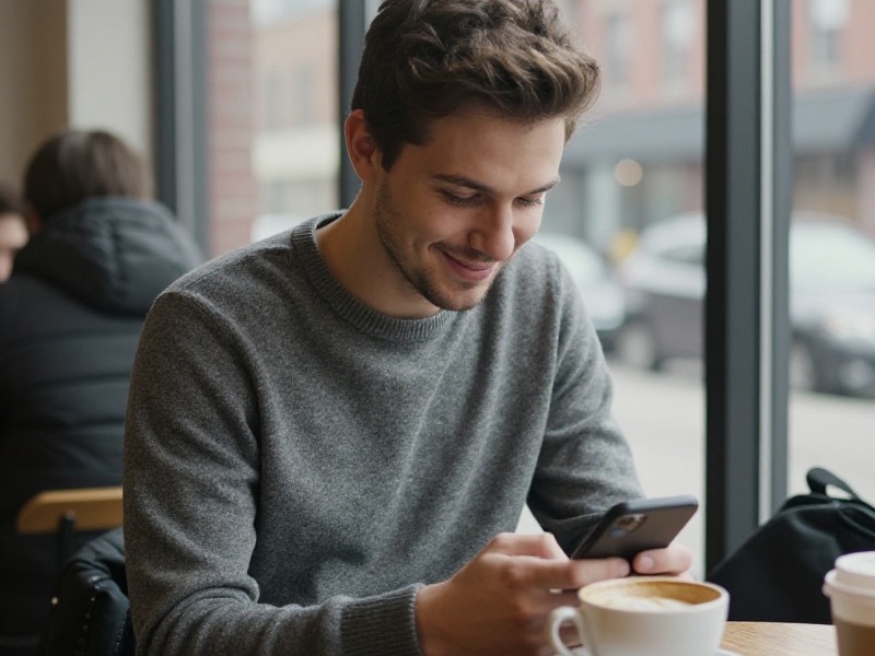 A young woman sits in a Toronto coffee shop, smiling as she types a thoughtful first message on her dating app in natural daylight.