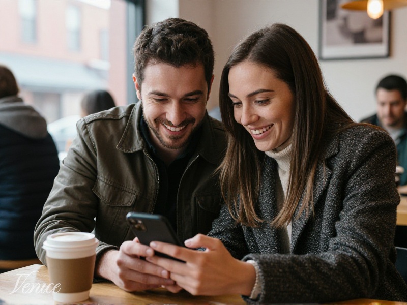 Smiling Canadian couple looking at a phone together in a Toronto coffee shop in winter