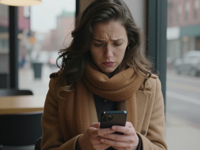 A woman in a winter coat sits beside a frosted cafe window in downtown Toronto, looking thoughtfully at an unanswered message thread on her phone while snow falls on the street outside.