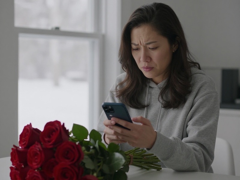 A woman in her thirties sits on a couch in a Vancouver apartment holding her phone showing a long stream of unread messages, calm daylight coming through a rain-streaked window behind her