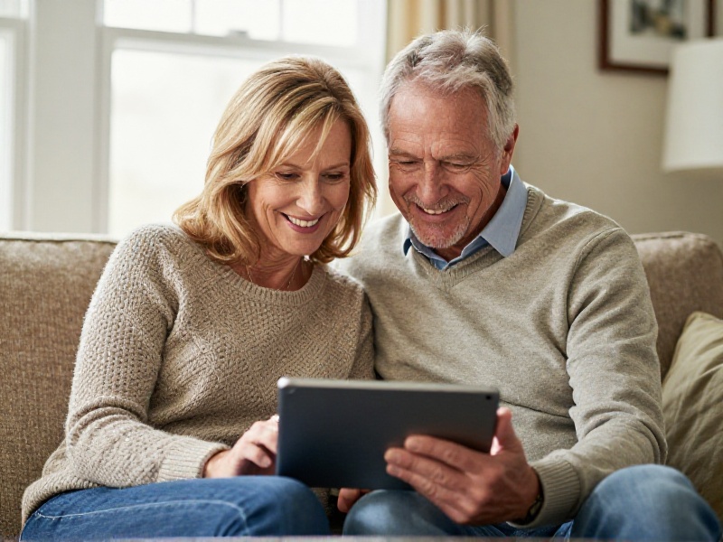 Mature Canadian couple in their late 50s smiling together while looking at a tablet, cozy sunlit living room