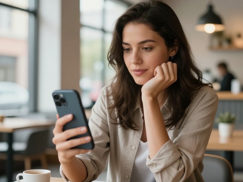 A confident young Canadian woman sits in a bright cafe and video-calls a match on her phone before a first date, with a calm and reassuring atmosphere around her