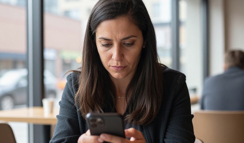 A Canadian woman in her forties sits at a kitchen table in a Toronto apartment, looking thoughtfully at a message from a stranger on her dating app