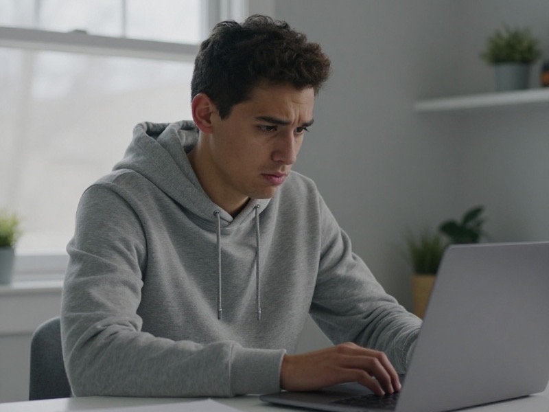 A young man sits at a kitchen table in a Canadian apartment late in the evening, looking worried at a message on his phone while a laptop sits open beside him.
