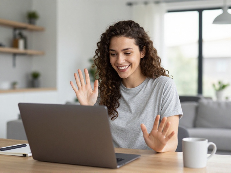 Young woman in a Toronto apartment holding a laptop during a friendly daytime video call with an online match, natural light from a city window behind her