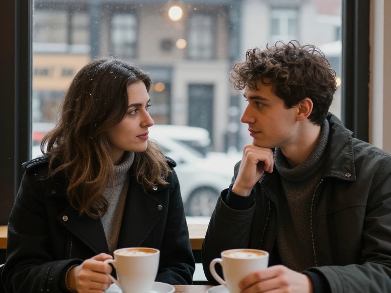 A young couple in winter coats talking over hot drinks at a Montreal cafe window, snow falling outside, warm lamplight, relaxed but slightly nervous expressions