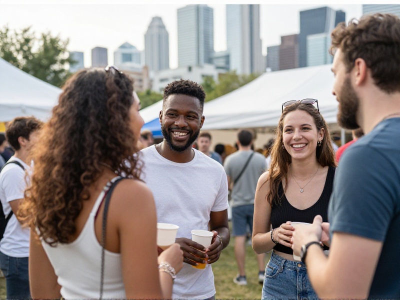 Young people socialising and laughing at an outdoor summer event with a Toronto skyline and CN Tower in the background, bright daylight, relaxed Canadian city atmosphere