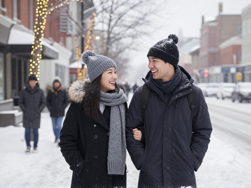 A young Canadian couple in warm winter coats laughing together at an outdoor ice-skating rink at dusk, soft golden light and gentle snowfall around them.